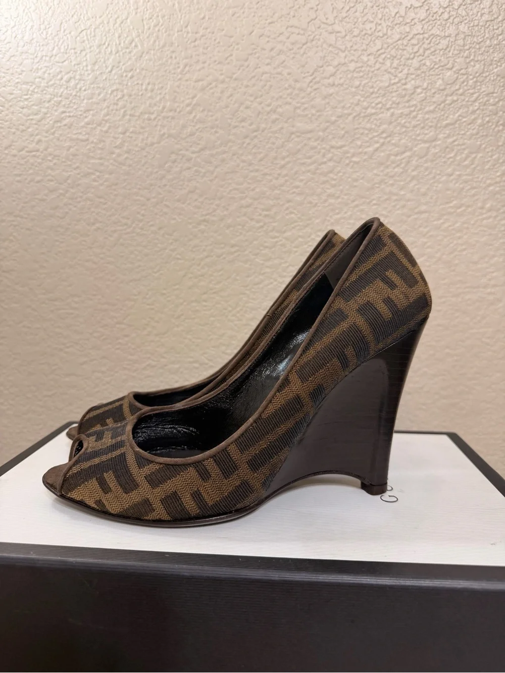 Fendi Brown Monogram Peep-Toe Heels size 38/ 8 in excellent condition